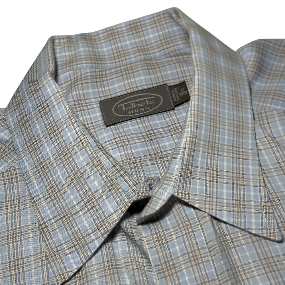 Talbots Mens Blue Grey Plaid Button Down‎ Shirt 100% Cotton Size 17 34/35